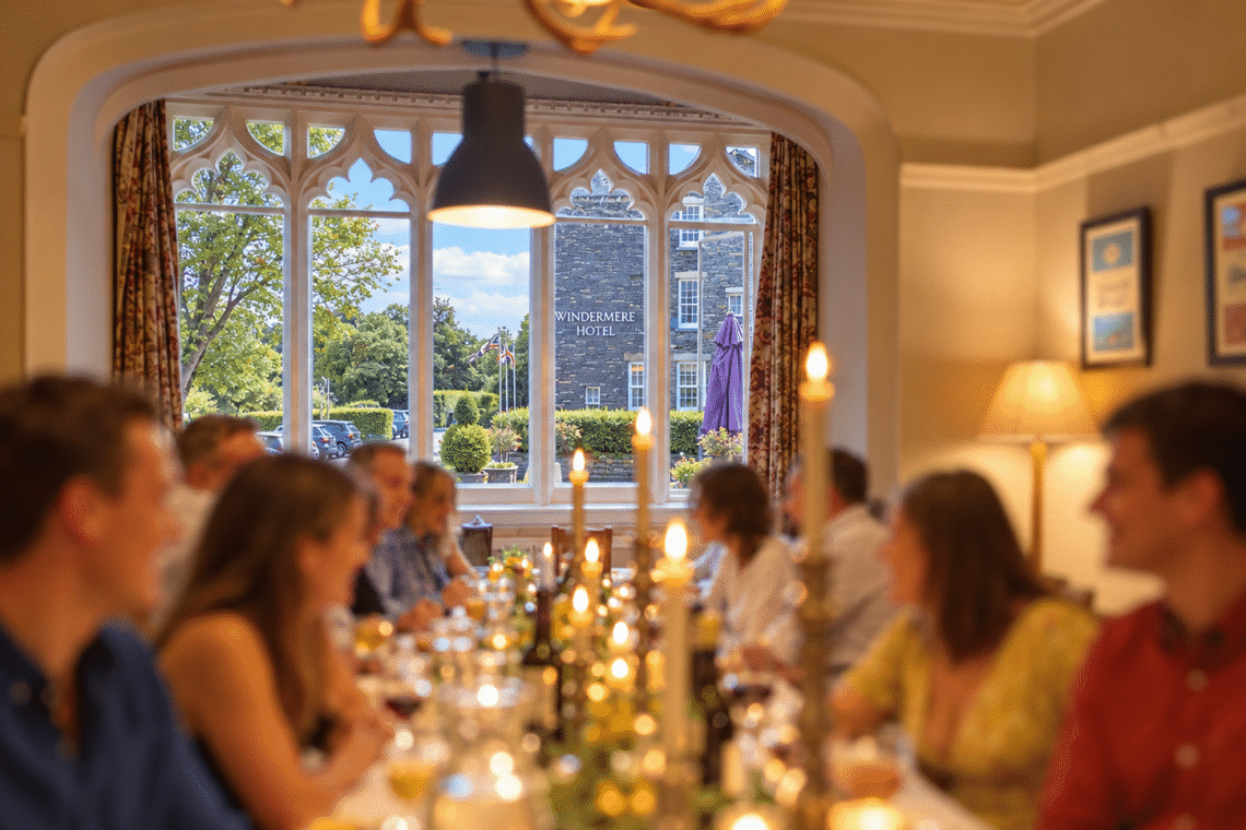 Image alt text: Wedding party dinner at The Terrace Windermere, a holiday house directly across from Elysium Windermere Hotel in Windermere Village